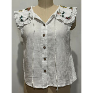 Women's Umgee White botanical Floral Embroidered crinkled gauze Blouse S